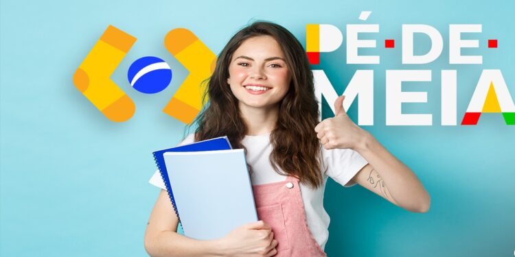 Estudante feliz segurando cadernos com fundo colorido do programa Pé-de-Meia