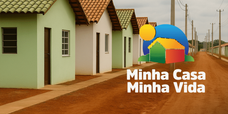 Conjunto habitacional do programa Minha Casa Minha Vida com logo oficial