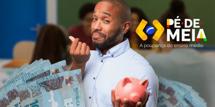 "Pé-de-Meia: jovem com dinheiro e cofrinho, representando o apoio financeiro para estudantes do ensino médio."