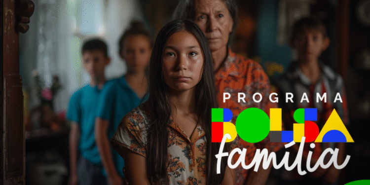 Imagem de uma família com diferentes faixas etárias, representando a diversidade dos beneficiários do Bolsa Família, com o texto 'Programa Bolsa Família' em destaque, informando sobre a ferramenta 'Conteste Aqui'.