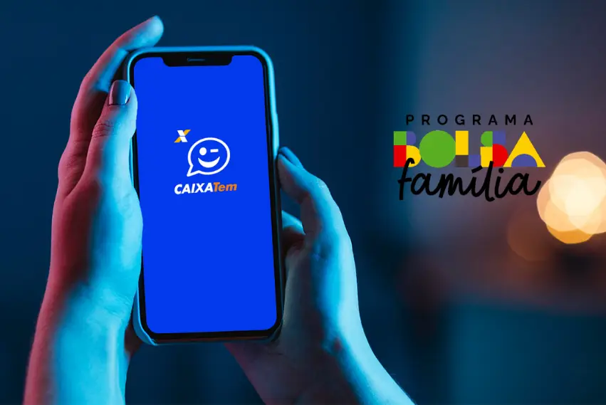Tela do aplicativo Caixa Tem com logo e mensagem sobre consulta do Bolsa Família