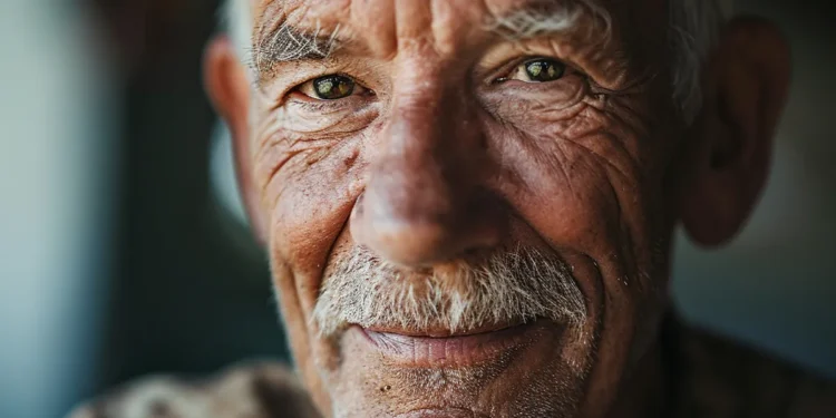 Retrato de um idoso sorrindo em close com expressão serena