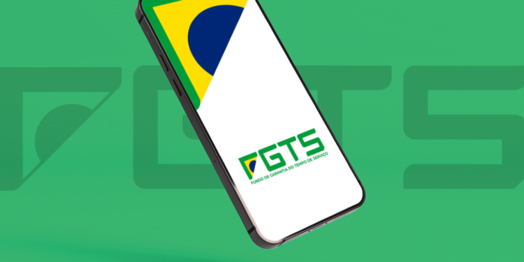 Imagem representativa sobre como sacar o FGTS em 2025, mostrando um celular com o logo do FGTS e a bandeira do Brasil.