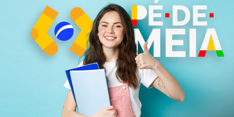 Imagem de uma jovem sorrindo e fazendo sinal de positivo, com uma pasta em mãos, ao lado do logo do Pé-de-Meia, que destaca a importância de atualizar o cadastro para continuar recebendo os benefícios.