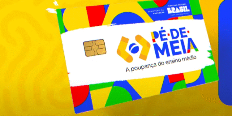 Cartão do Pé-de-Meia, com cores vibrantes e o logotipo do programa, representando a poupança para alunos do ensino médio, com o foco no calendário de junho.