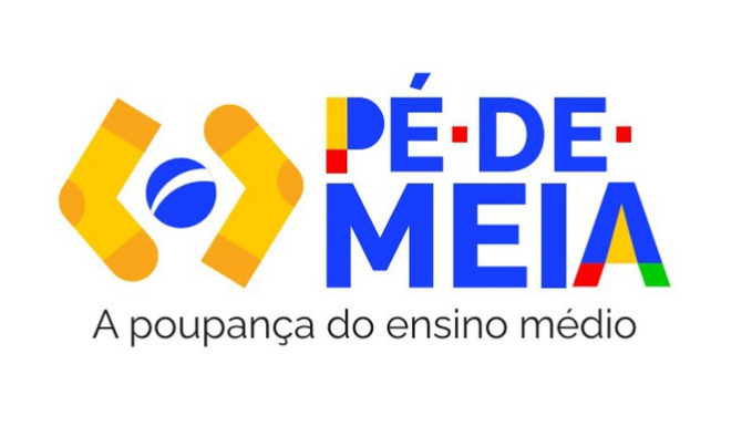 Logotipo do Pé de Meia, um programa de poupança para estudantes do ensino médio, com cores vibrantes e formato simbólico de mãos segurando um objeto azul.