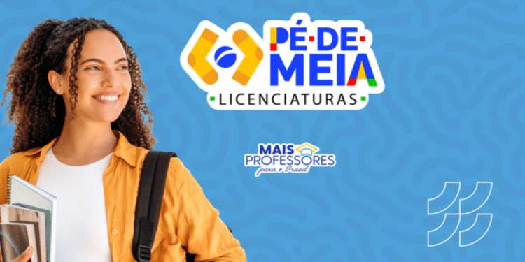 Imagem representativa do programa Pé-de-Meia Licenciatura, destacando estudante sorridente com livros, com logo e informações sobre o projeto.