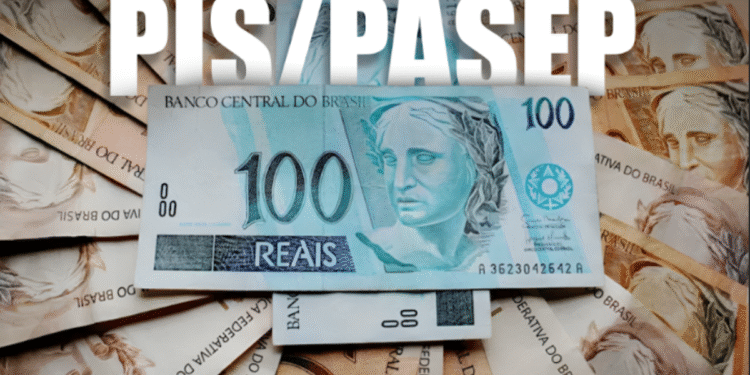 Imagem de cédulas de 100 reais com destaque para o abono salarial PIS/Pasep 2025 e as datas de pagamento de junho.