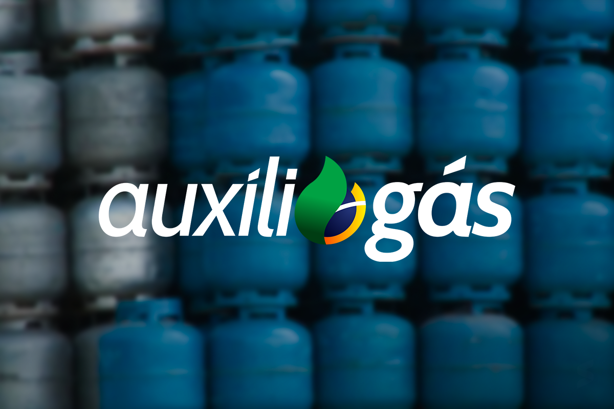 Logotipo do Auxílio Gás sobre fundo com botijões azuis empilhados, representando o benefício destinado à compra do gás de cozinha.