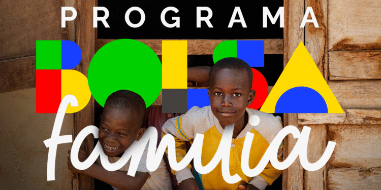 Crianças sorrindo na janela de uma casa com fundo colorido da logo, representando o programa Bolsa Família.