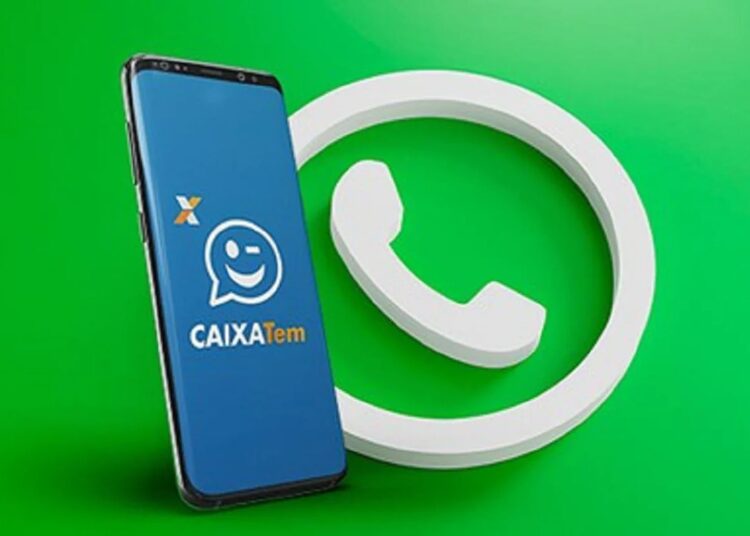 Imagem ilustrativa do aplicativo Caixa Tem com o logo do WhatsApp, representando a opção de desbloqueio de acesso ao aplicativo através do WhatsApp.