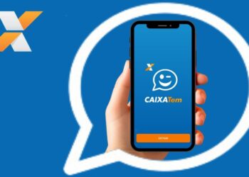 Imagem do app Caixa Tem no celular, mostrando o ícone do aplicativo e a tela inicial para acesso.