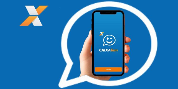 Imagem do app Caixa Tem no celular, mostrando o ícone do aplicativo e a tela inicial para acesso.