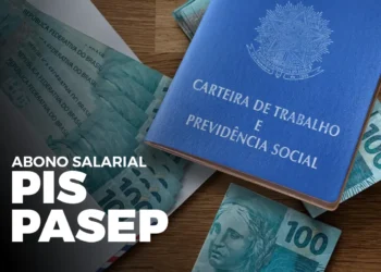 Carteira de Trabalho e R$ 100 em notas, simbolizando o abono salarial PIS/Pasep de 2025.