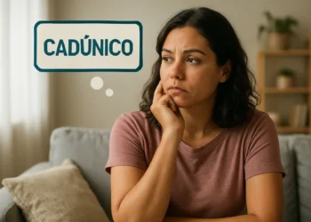 Mulher pensativa sentada no sofá com balão de pensamento contendo a palavra “CADÚNICO”.