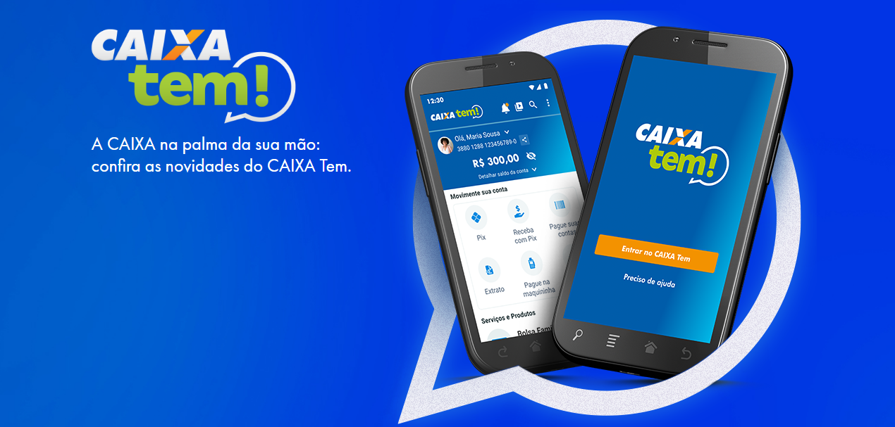 Dois celulares exibindo a interface do aplicativo Caixa Tem com fundo azul.