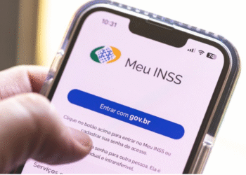 Tela de celular mostrando o aplicativo Meu INSS com a opção "Entrar com gov.br" e instruções para cadastro de senha.