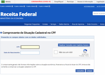 Print de tela do site da Receita Federal para comprovante de situação cpf disponível no site da Receita Federal.