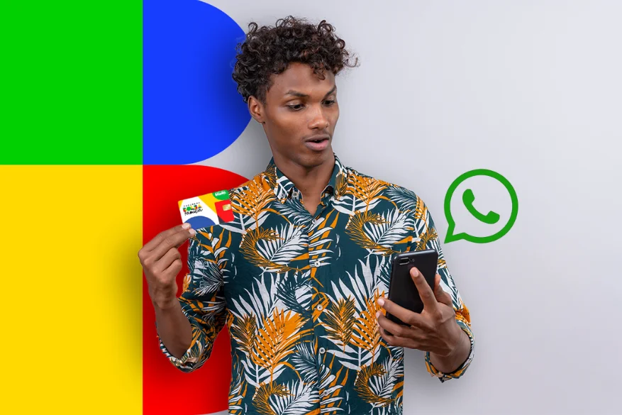 Imagem demonstrando consulta do Bolsa Família via WhatsApp, com uma pessoa segurando um cartão e um smartphone.