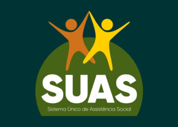 Logo do SUAS, Sistema Único de Assistência Social, com figuras representando apoio social.