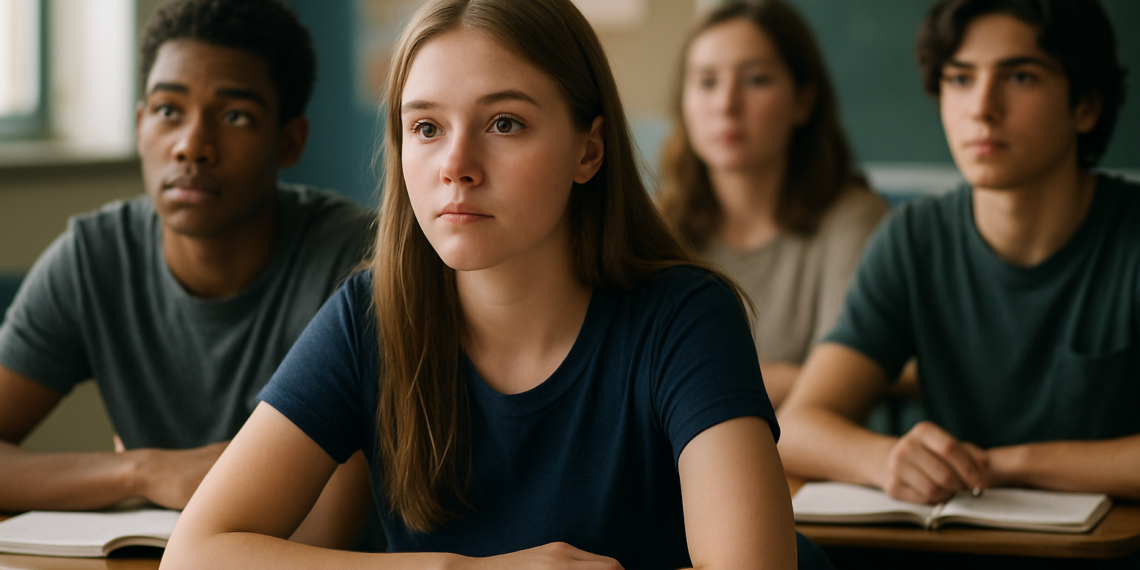 Estudantes sentados em uma sala de aula, focados, simbolizando o público beneficiário do programa Pé-de-Meia, com foco em jovens em situação de vulnerabilidade social.