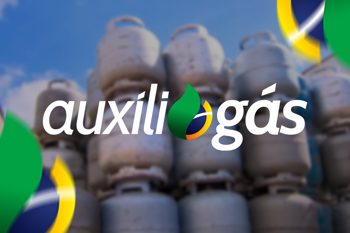Logo do Auxílio Gás sobreposto a uma imagem de botijões de gás empilhados e de um trabalhador carregando um botijão.