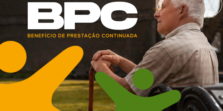 Imagem de um idoso segurando a bengala com a logo do BPC, simbolizando o pagamento do BPC em agosto de 2025.