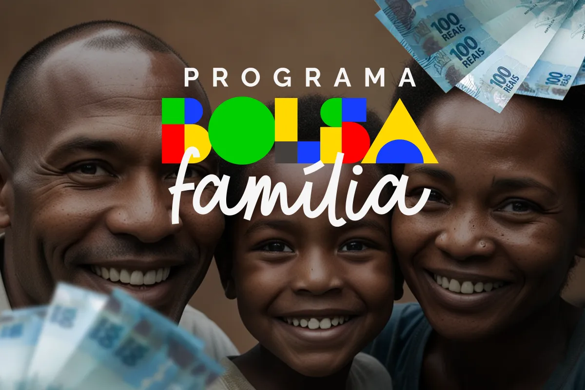 Imagem representando o Programa Bolsa Família com uma família sorrindo e notas de 100 reais ao fundo.