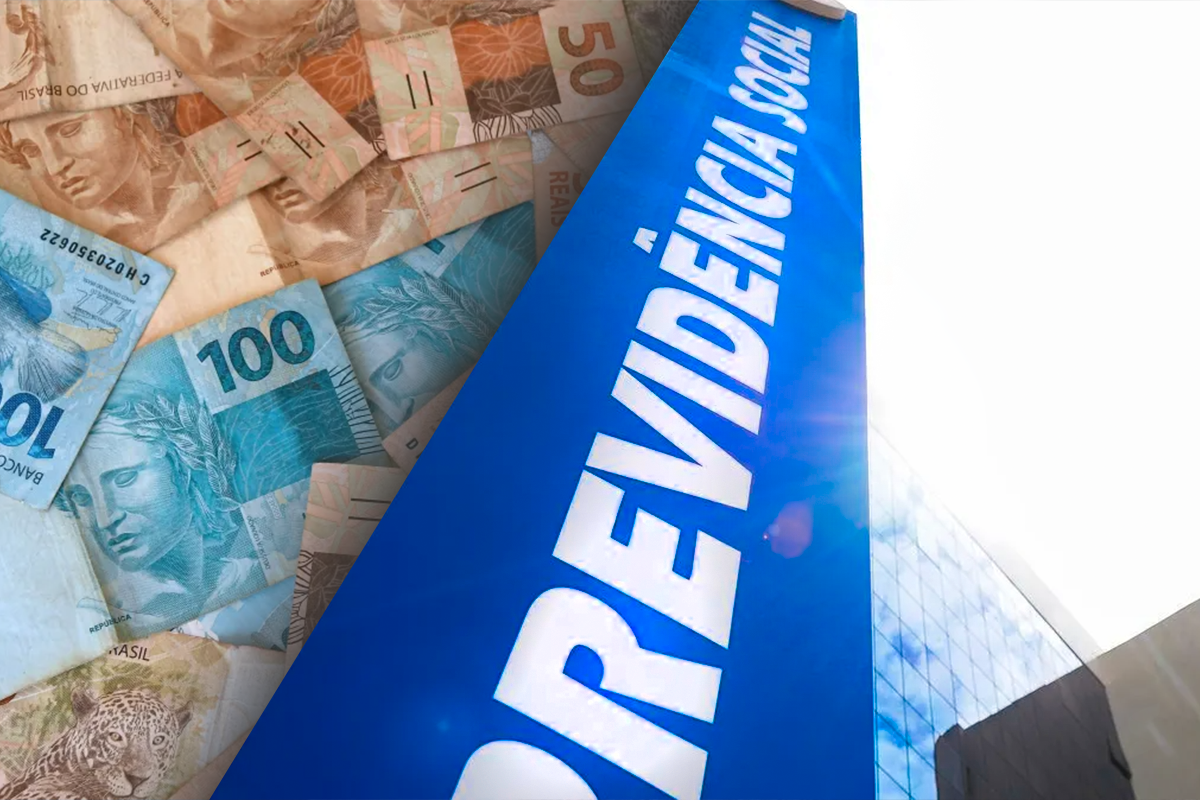 Imagem com o texto "Previdência Social" sobreposta a notas de Real, como as de 100 e 50.