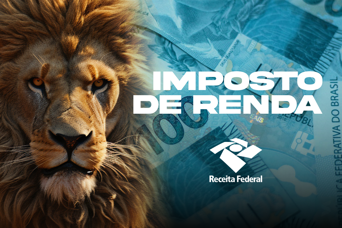 Leão e notas de dinheiro com o tema Imposto de Renda da Receita Federal