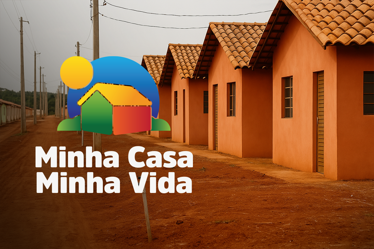 Imagem de casas do programa Minha Casa Minha Vida, com logo do programa sobre a foto.