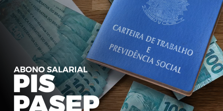Imagem ilustrativa sobre o abono salarial PIS/PASEP 2025, mostrando notas de 100 reais e a carteira de trabalho.
