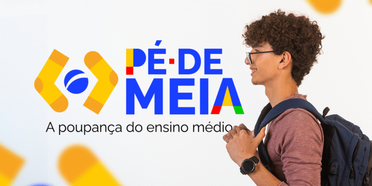 "Logo do programa Pé-de-Meia, com um estudante usando mochila, ao lado do texto 'Pé-de-Meia' e a frase 'A poupança do ensino médio'.