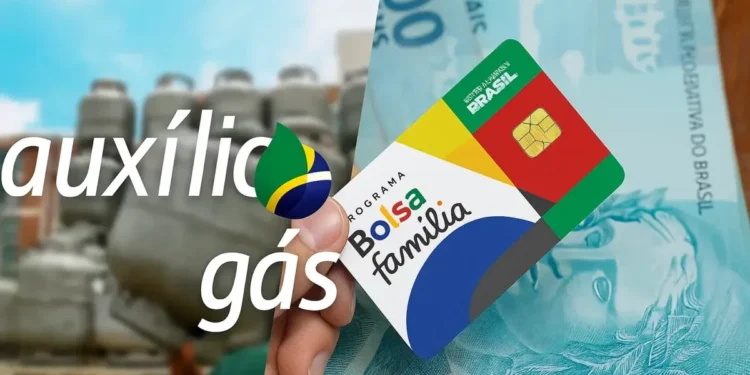 Cartão Bolsa Família e Auxílio Gás com nota de 100 reais ao fundo