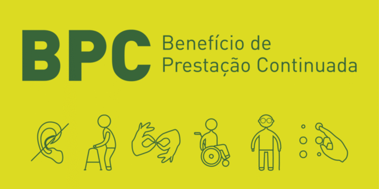 Logo do Programa Benefício de Prestação Continuada (BPC) com ilustrações representando pessoas com diferentes deficiências.