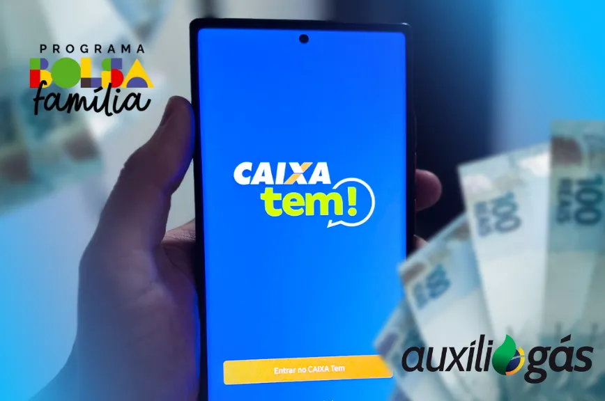 Pessoa acessando o aplicativo Caixa Tem para consultar benefícios sociais como Bolsa Família e Auxílio Gás
