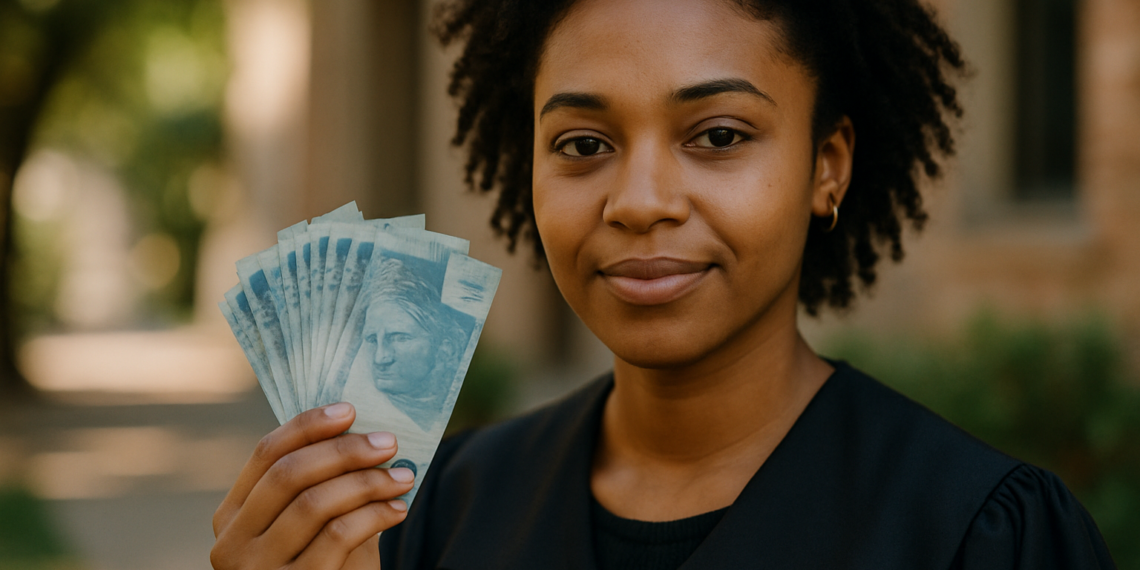 Estudante sorridente segurando notas de dinheiro, simbolizando o pagamento de R$ 1.000 para alunos concluintes da modalidade EJA.