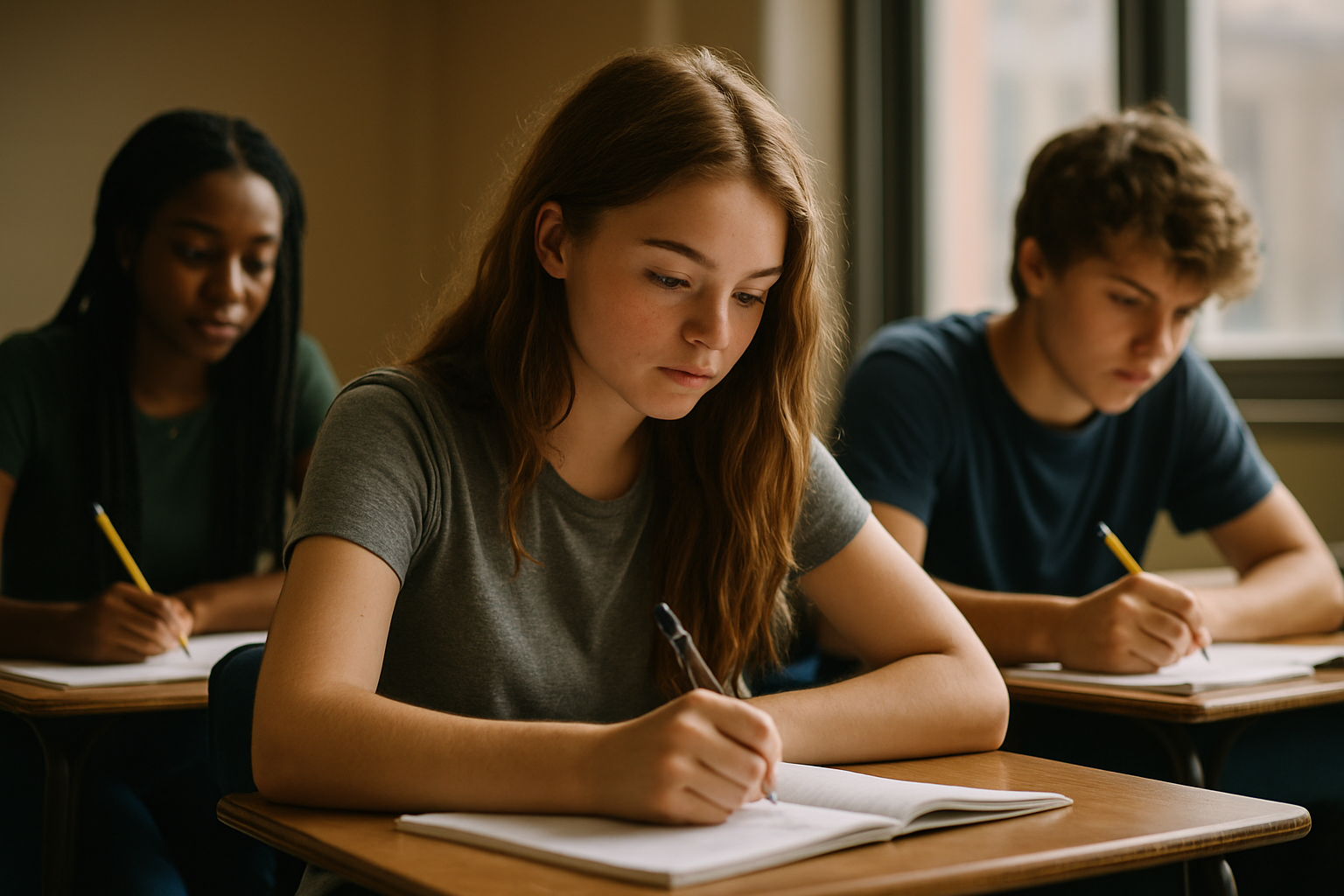 Três estudantes sentados em carteiras em uma sala de aula, focados em escrever em seus cadernos. A imagem destaca a importância da frequência e do desempenho escolar.
