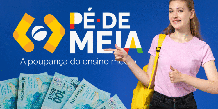 Jovem estudante sorrindo, com mochila e logo do programa "Pé-de-Meia" ao fundo, representando o incentivo financeiro para alunos do ensino médio e EJA.