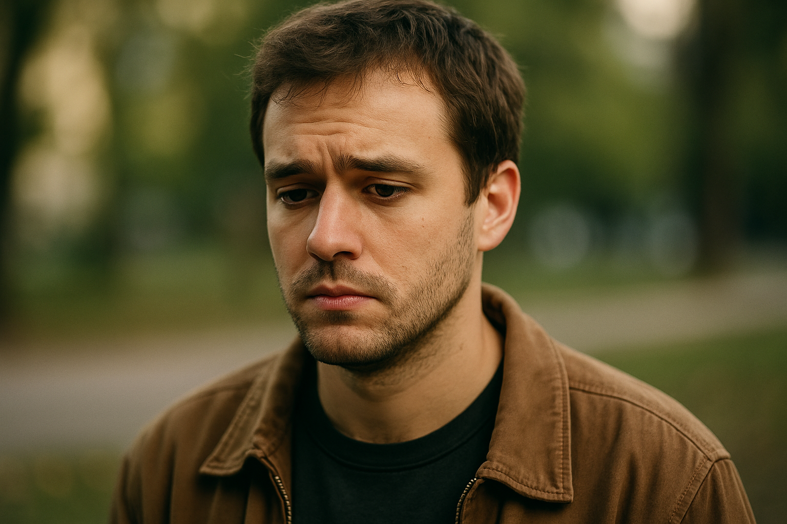 Jovem com expressão de preocupação e tristeza, olhando para baixo, simbolizando a decepção de ser excluído de um programa social.