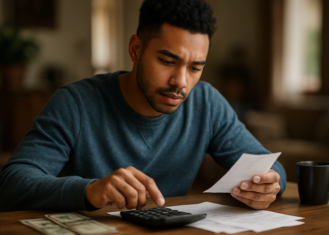 Um jovem atento, com expressão concentrada, usando uma calculadora para revisar gastos financeiros e gerencia seu dinheiro. 