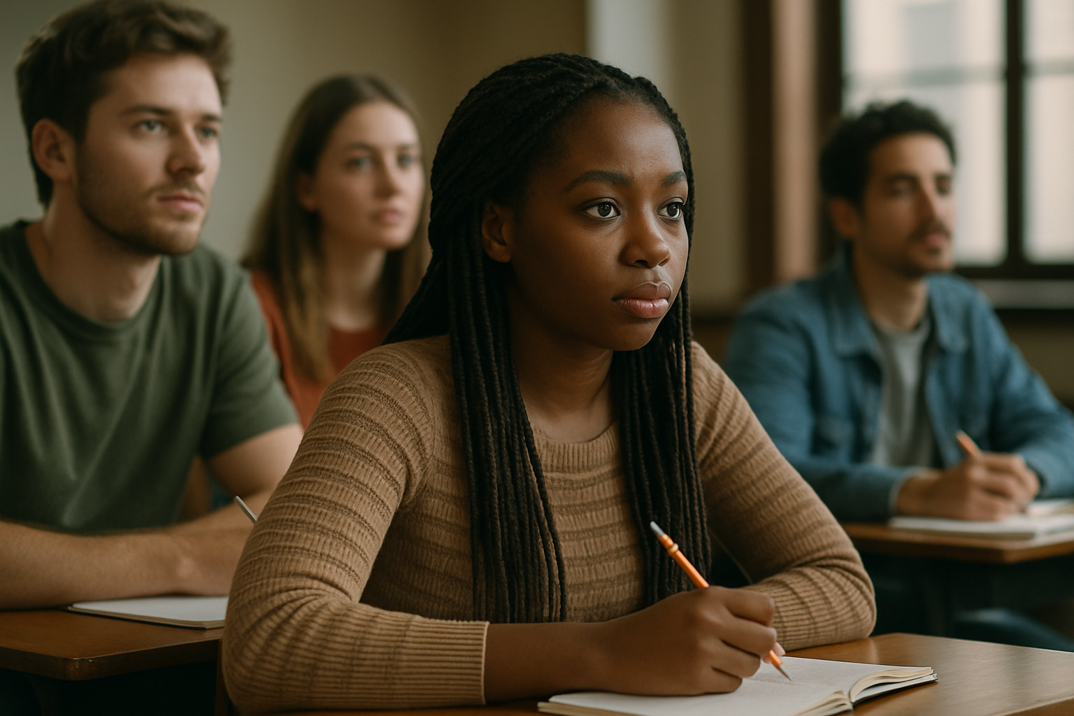  Estudantes em uma sala de aula prestando atenção à explicação do professor, representando os jovens que se encaixam nos critérios de participação do programa Pé-de-Meia.