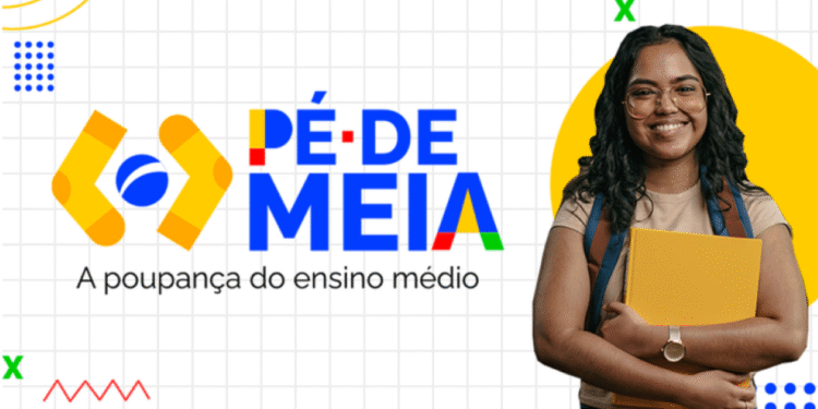 Estudante segurando livro com logo Pé de Meia e texto sobre poupança do ensino médio