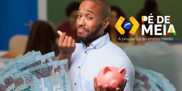 R$ 200 por fazer o Enem: descubra quem tem direito no programa Pé-de-Meia 1 Homem segurando cofrinho e notas de 100 reais com o logotipo do programa Pé-de-Meia ao fundo.