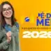 Jovem com mochila azul sorrindo em fundo amarelo com logo Pé de Meia e texto 2026