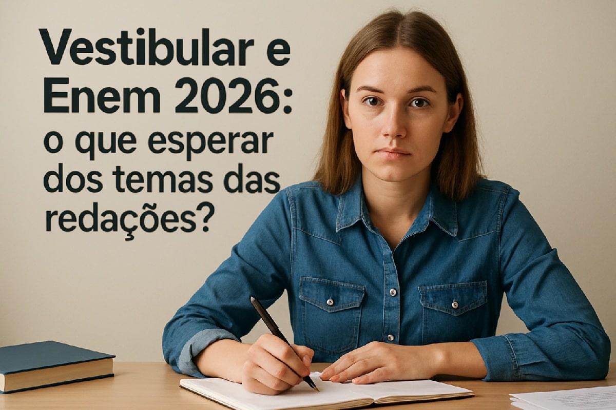 Vestibular e Enem 2026: o que esperar dos temas das redações? 2 Estudante anotando em caderno ao lado de texto sobre temas de redação do Vestibular e Enem 2026
