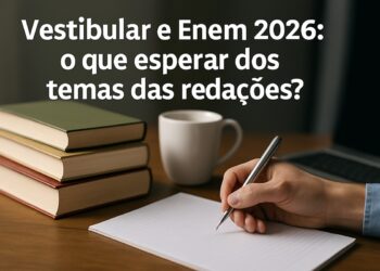 Pessoa escrevendo em um caderno ao lado de livros e uma xícara, com o texto: Vestibular e Enem 2026: o que esperar dos temas das redações?
