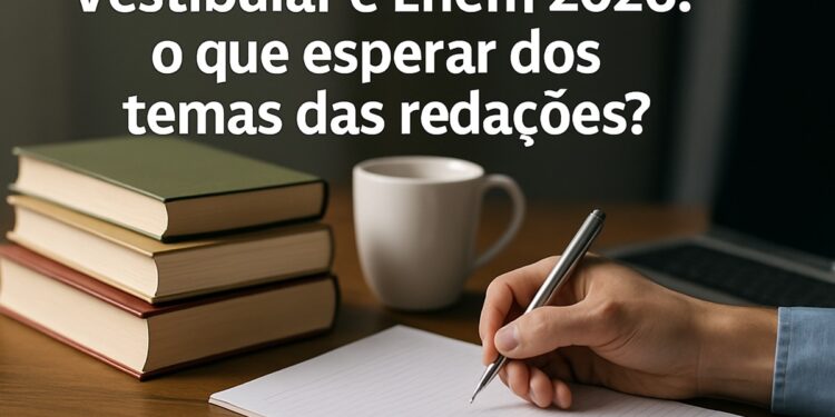 Vestibular e Enem 2026: o que esperar dos temas das redações? 1 Pessoa escrevendo em um caderno ao lado de livros e uma xícara, com o texto: Vestibular e Enem 2026: o que esperar dos temas das redações?