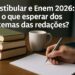 Pessoa escrevendo em um caderno ao lado de livros e uma xícara, com o texto: Vestibular e Enem 2026: o que esperar dos temas das redações?