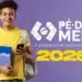 Jovem estudante sorrindo, com logo do Pé-de-Meia e texto 2026.
